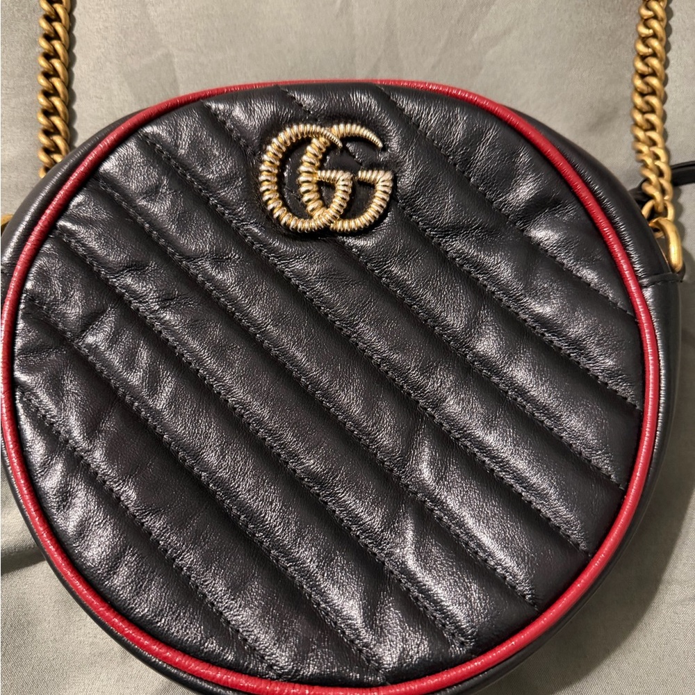 Gucci Black Quilted Crossbody Bag with Red Trim